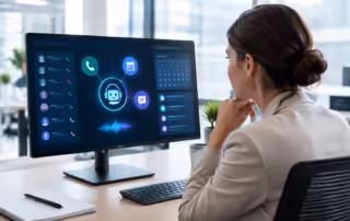 Operatore che monitora un centralino AI su dashboard digitale con chiamate e appuntamenti